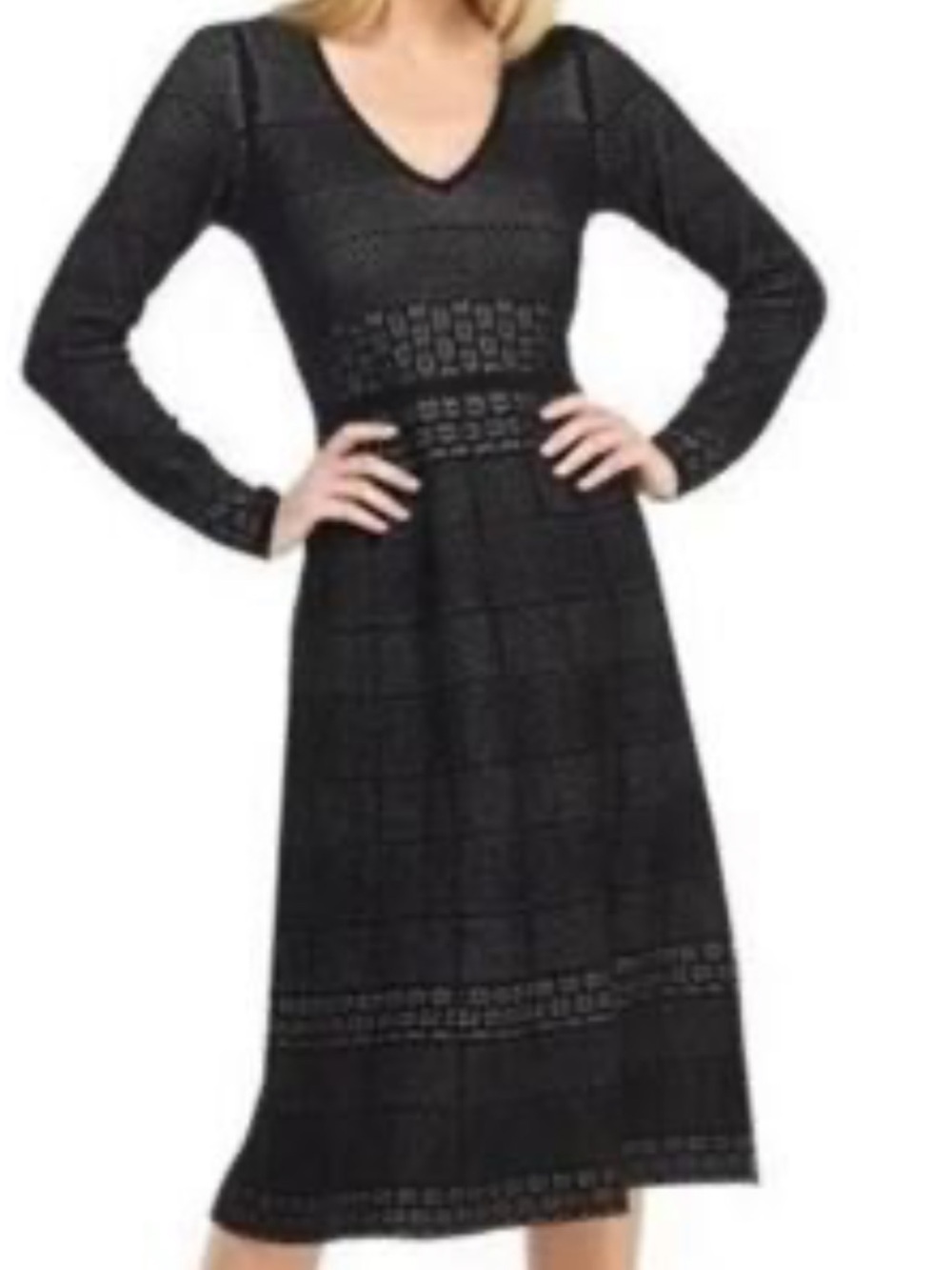 Gal Meets Glam Black V‑Neck Long Sleeve A‑Line Knit Dress - Picture 2 of 6